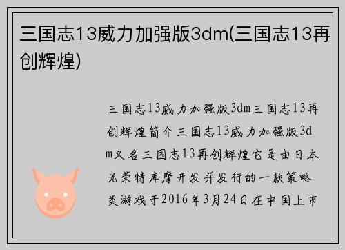三国志13威力加强版3dm(三国志13再创辉煌)